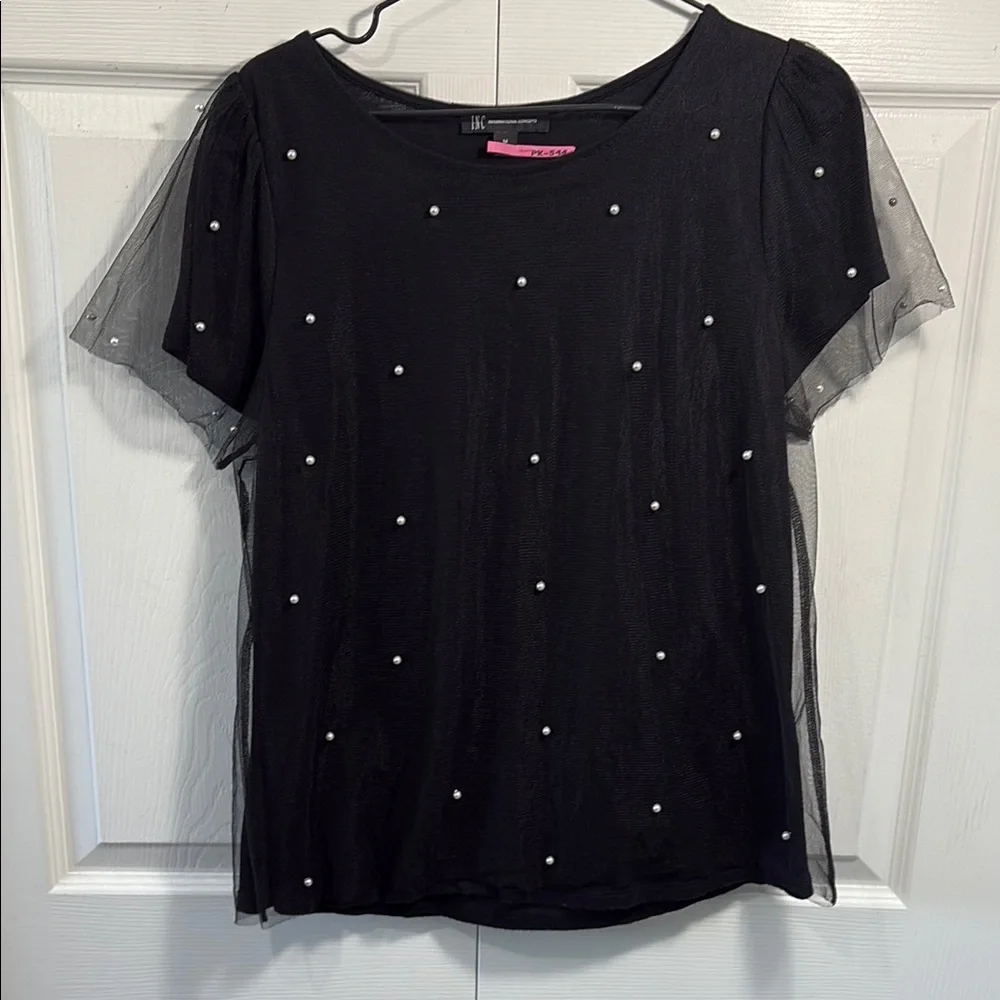 INC International Concepts Black Embellished Blouse with Sheer Sleeves - Picture 2 of 9